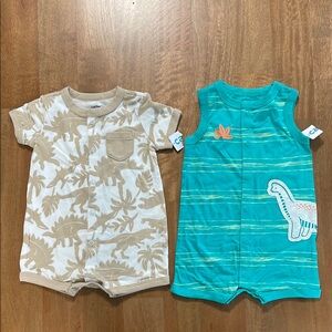 NWT Carter's Tan Leaf and Teal Dinosaur Rompers sz|6m